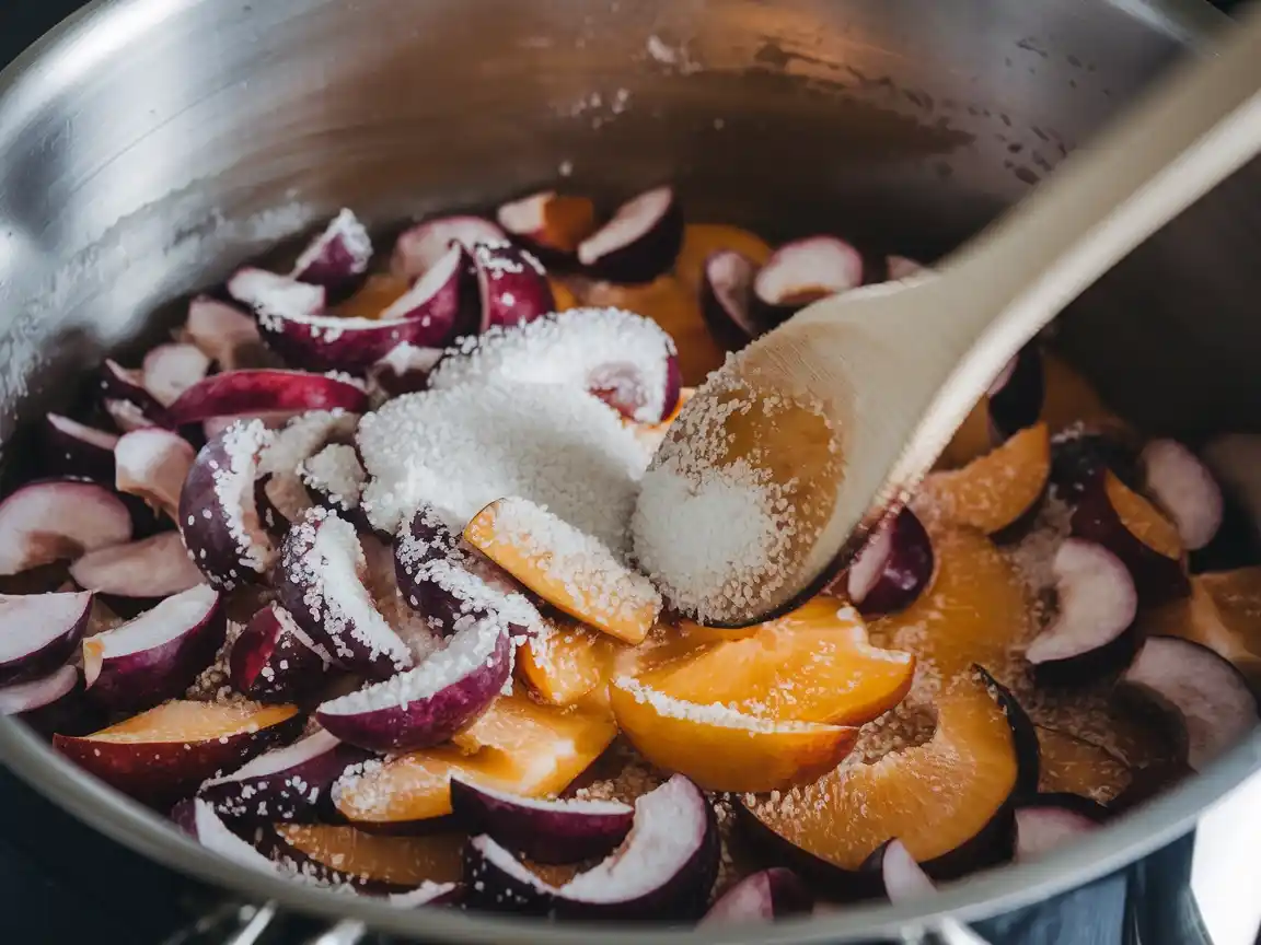 Zwetschgen und Gelierzucker werden in einem Topf gemischt, um die Marmelade zu kochen.