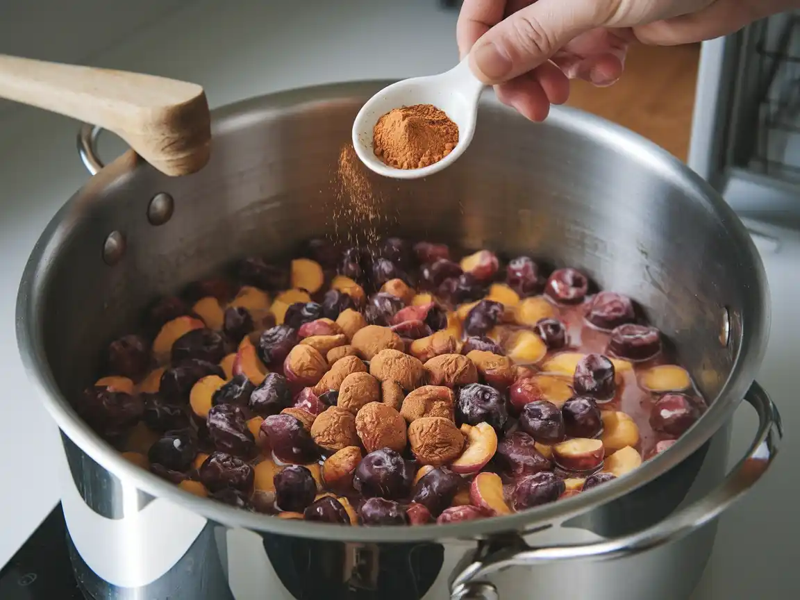 Zimt wird über die Zwetschgenmischung für die Marmelade gestreut.