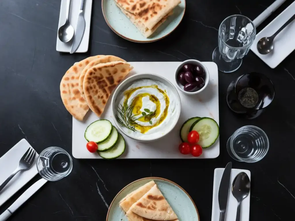 Zaziki mit Beilagen auf modernem Esstisch nach dem Zaziki Rezept Original (Tzatziki) serviert.