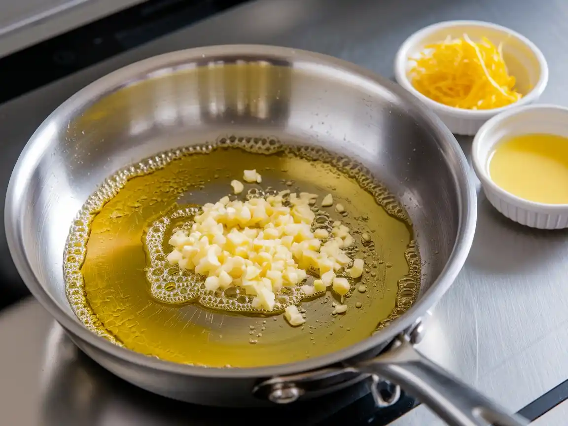 Zitronensauce wird in der Pfanne für das Zitronen Pasta Rezept zubereitet.