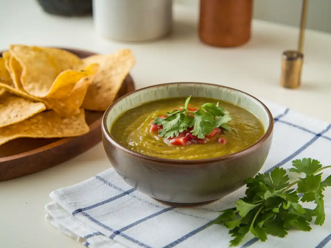 Mexican Salsa Verde in einer Schüssel, dekoriert mit Koriander und serviert mit Tortilla-Chips