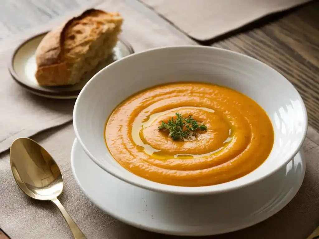 Butternut Kürbis Suppe mit Brot auf modernem Tisch serviert.