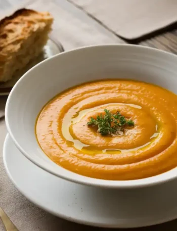 Butternut Kürbis Suppe mit Brot auf modernem Tisch serviert.