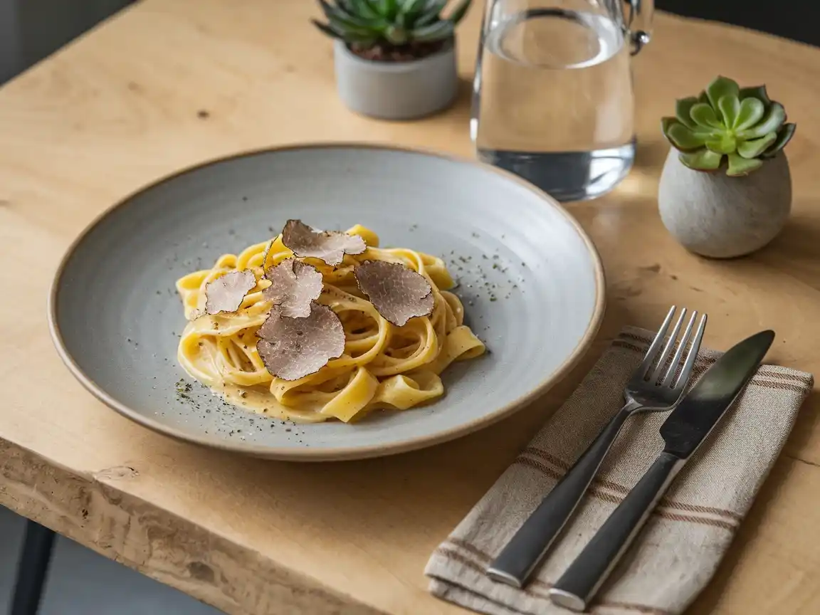 Das Pasta Trüffel Rezept wird serviert, garniert mit Trüffelscheiben und Petersilie.