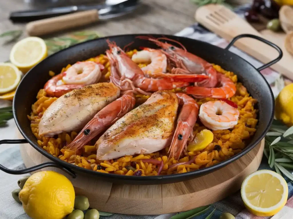 Nahaufnahme der Paella Pfanne mit Garnelen, knusprigem Reis und Paprika.