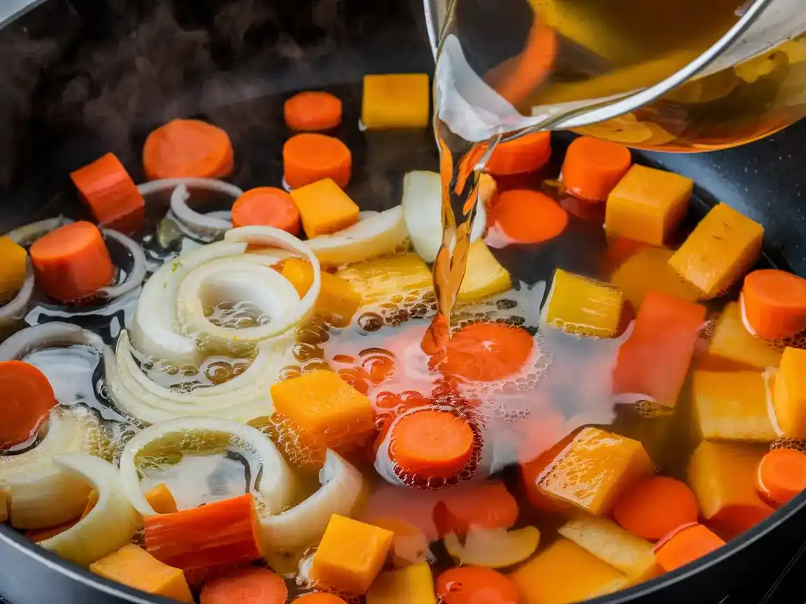 Gemüsebrühe zur Butternut Kürbis Suppe hinzufügen und köcheln lassen.