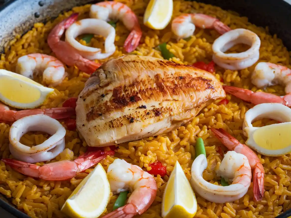 Hähnchenbrust und Meeresfrüchte werden in die Paella Pfanne auf den goldenen Safranreis gelegt