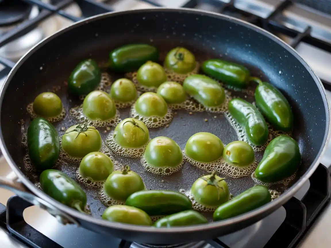 Tomatillos und Jalapeños rösten für die Mexican Salsa Verde