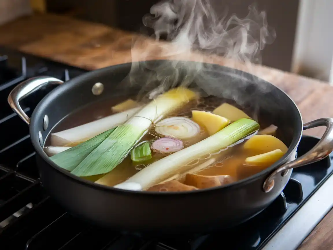 Gemüsebrühe zur vegetarischen Käse Lauch Suppe hinzufügen.