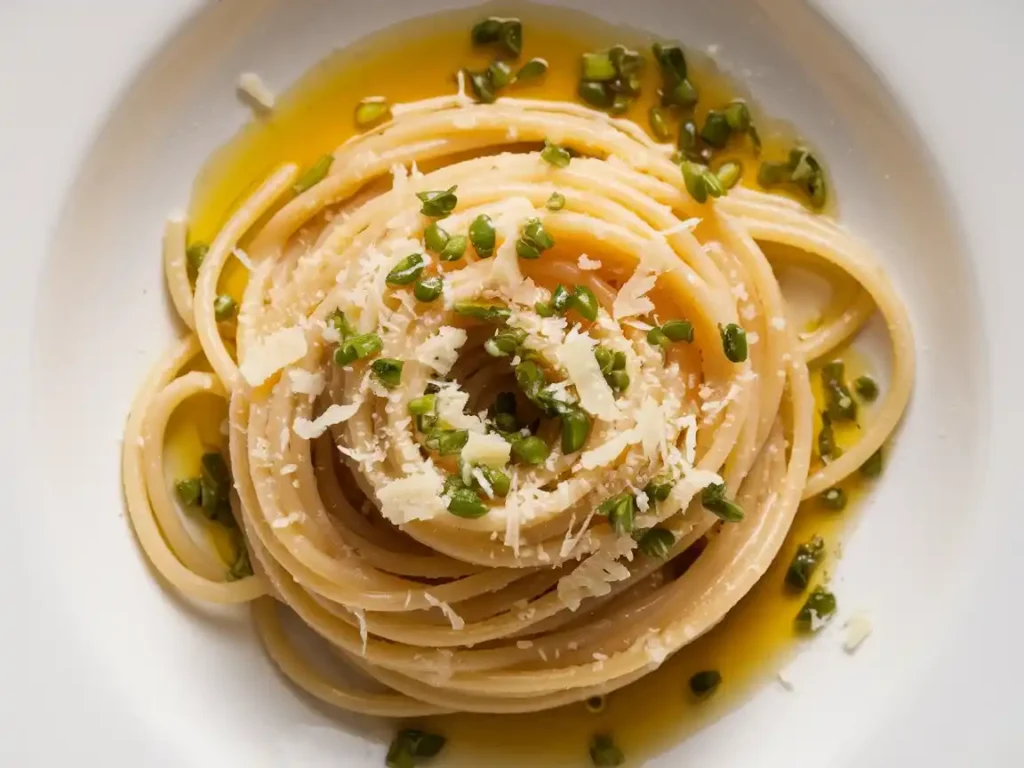 Aglio e Olio Pasta als elegantes Abendessen serviert.