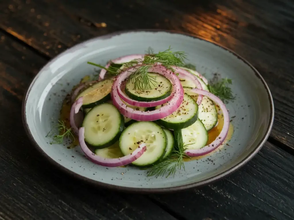 Dänischer Gurkensalat rustikal auf einem Holztisch serviert.