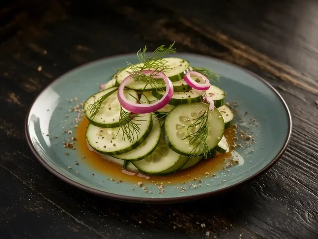 Dänischer Gurkensalat elegant auf einem weißen Teller präsentiert.