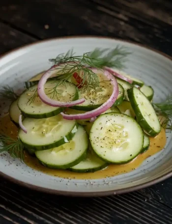 Dänischer Gurkensalat auf einem grauen Teller im skandinavischen Stil.