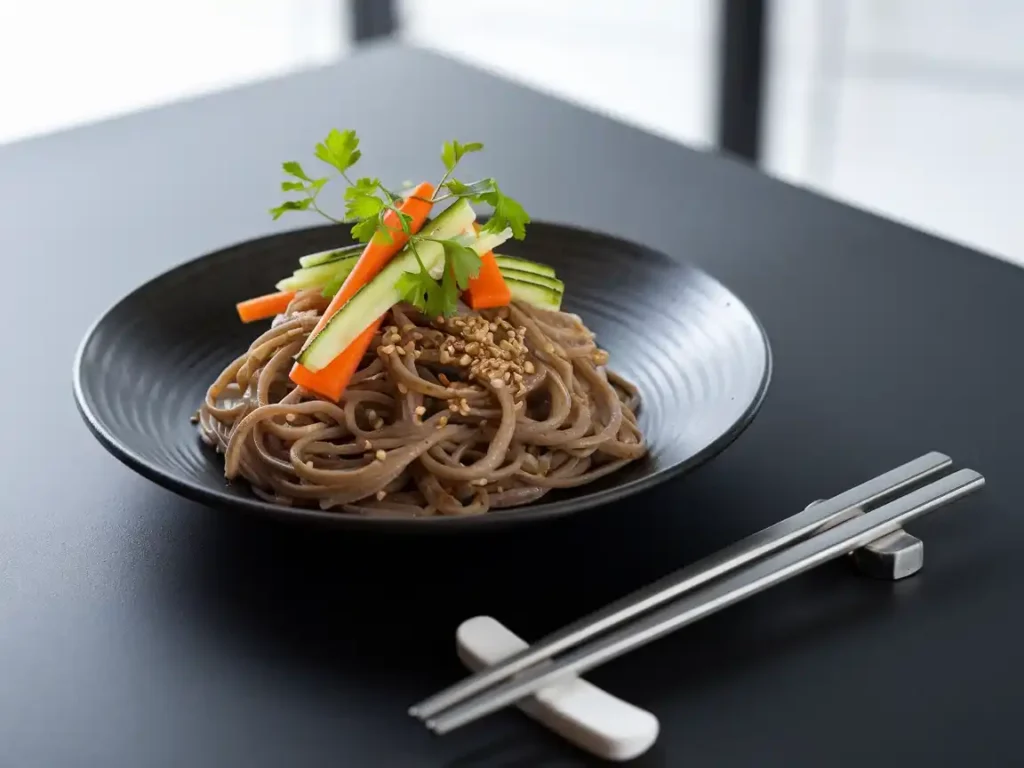 Soba Pasta auf einem modernen Tisch, serviert mit frischem Gemüse und Sesamsamen.