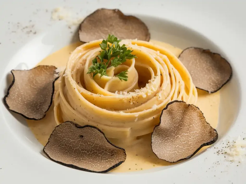 Pasta Trüffel Rezept serviert auf einem modernen Holztisch mit schlichtem Besteck.