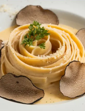 Pasta Trüffel Rezept serviert auf einem modernen Holztisch mit schlichtem Besteck.