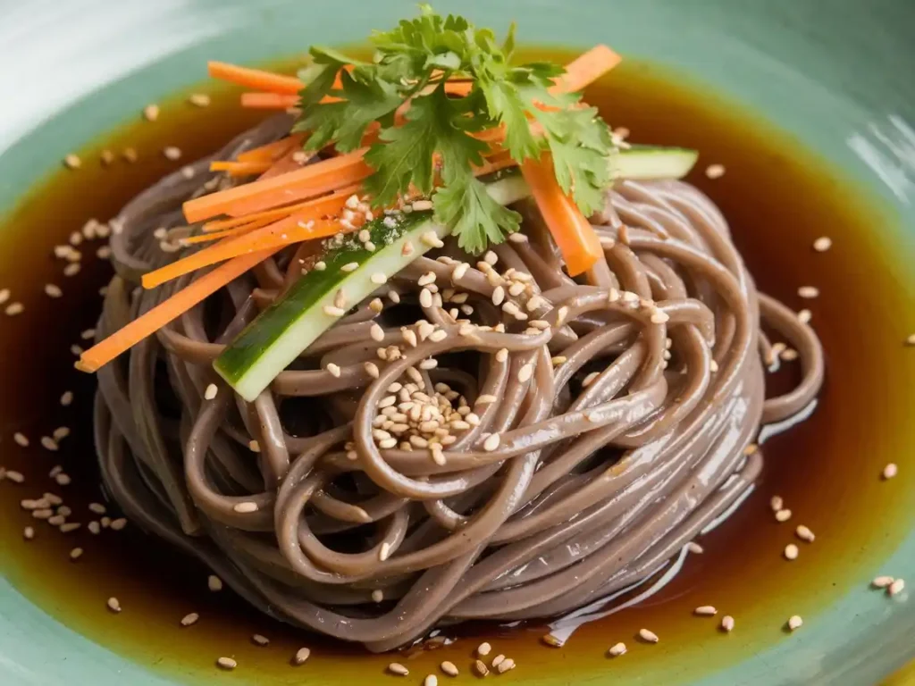 Soba Pasta auf einem modernen Holztisch serviert, garniert mit frischem Gemüse und Kräutern.