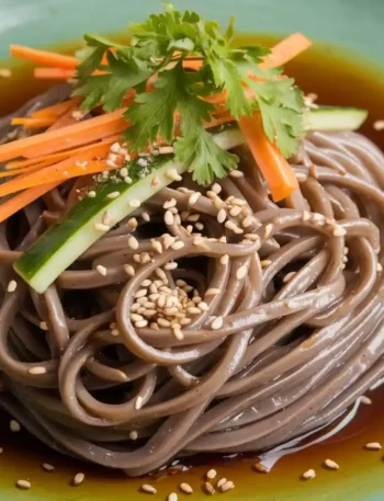 Soba Pasta auf einem modernen Holztisch serviert, garniert mit frischem Gemüse und Kräutern.