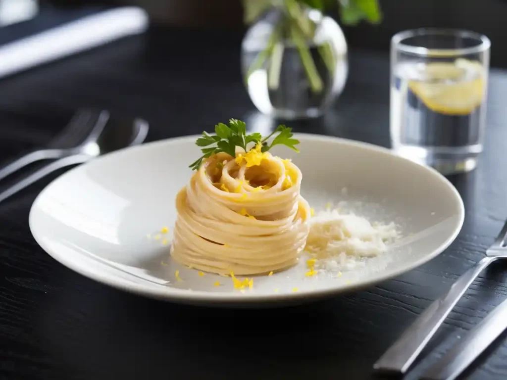 Zitronen Pasta auf einem modernen Betontisch serviert, mit Zitrone und Parmesan.