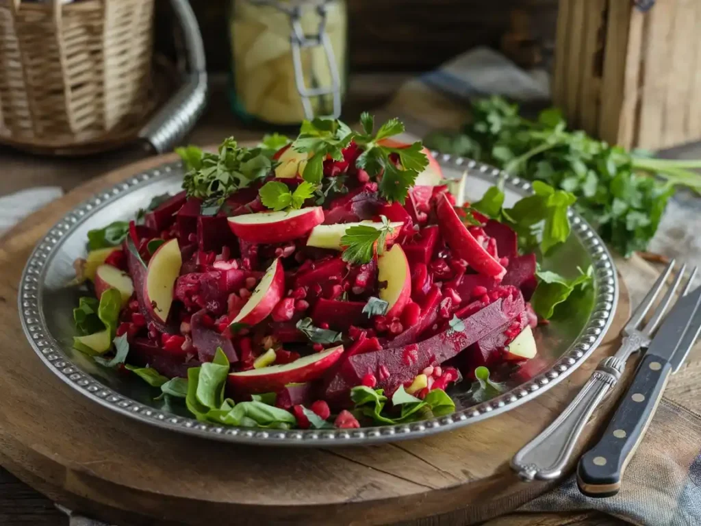 Rote Bete Apfel Salat schön angerichtet auf einer eleganten Servierplatte