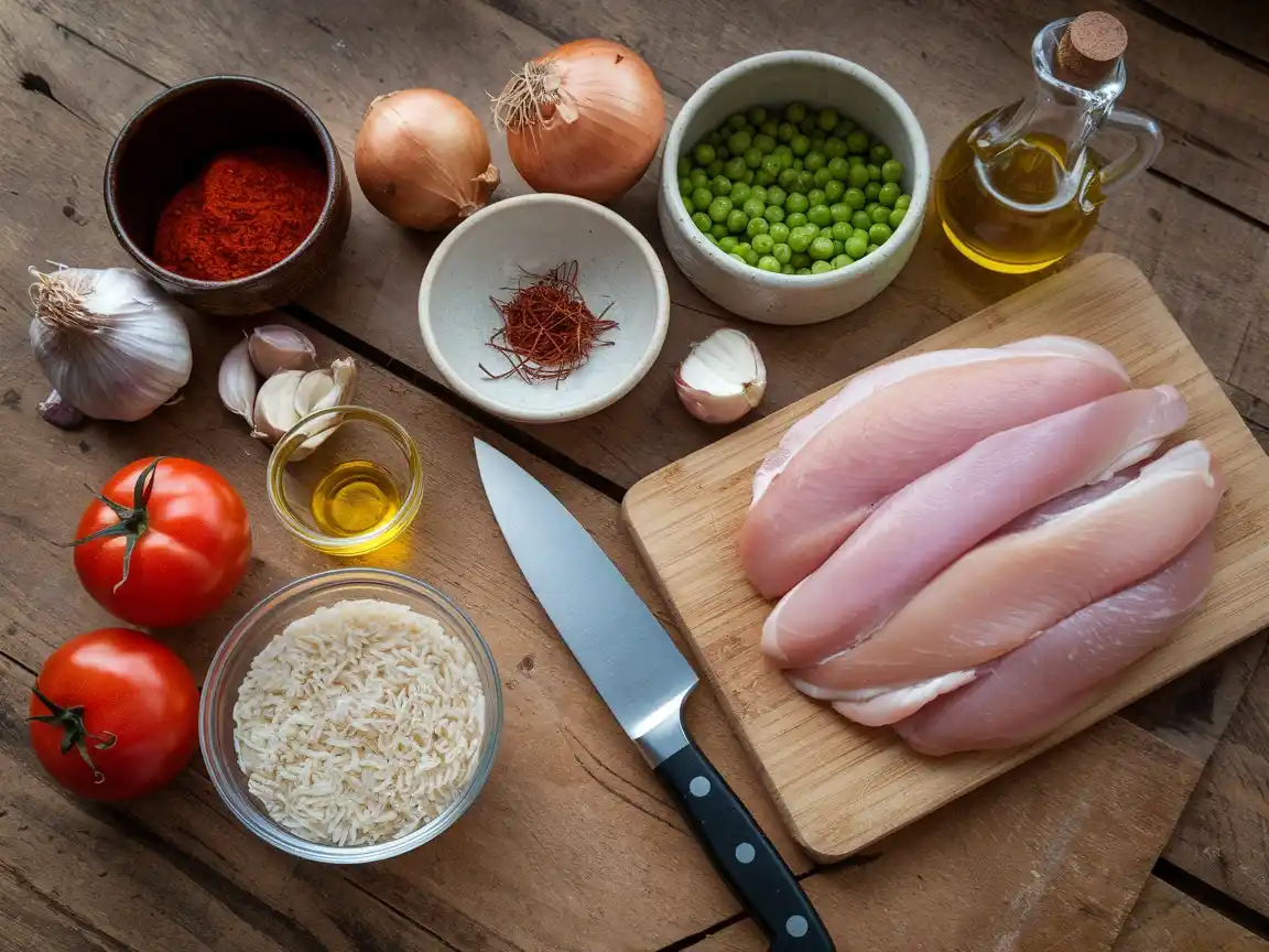 Frische Zutaten für die Paella Pfanne, darunter Reis, Hähnchenbrust, Paprika, Zwiebeln, Erbsen, Tomaten und Safran.