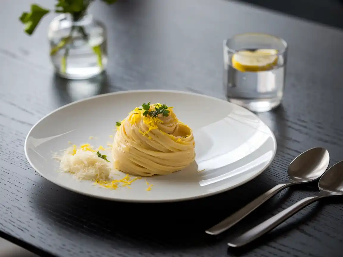 Zitronen Pasta auf einem modernen Holztisch mit Parmesan serviert.