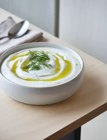 Zaziki auf modernem Tisch nach dem Zaziki Rezept Original (Tzatziki) serviert.