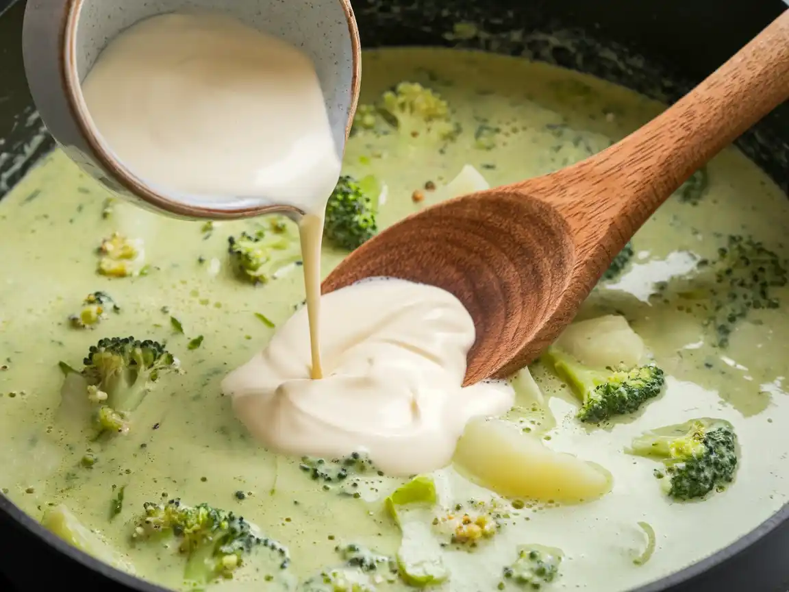 Sahne wird der Kartoffel Brokkoli Suppe hinzugefügt, um die Konsistenz zu verfeinern.