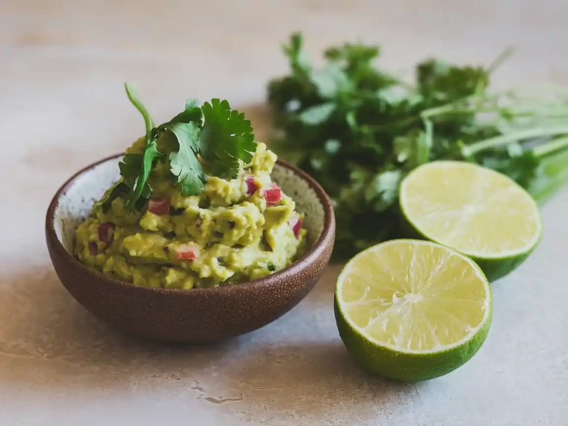 Eine kleine Schüssel Guacamole mit Limette, bereit zum Abschmecken, für das Guacamole einfaches Rezept