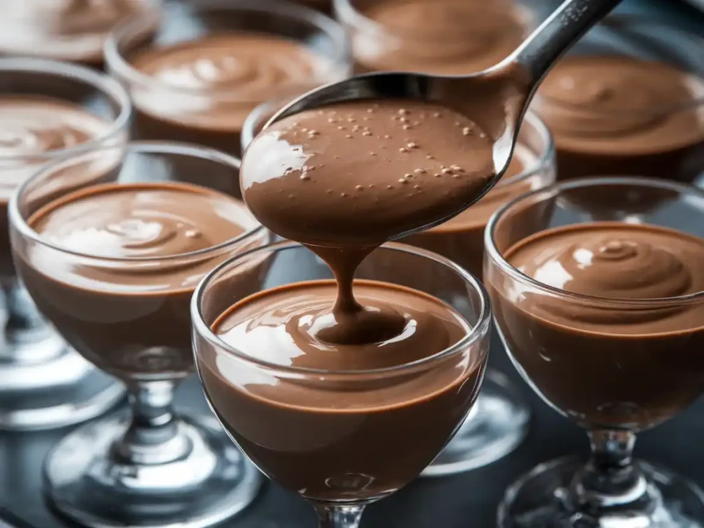 Text: Mousse au Chocolat Thermomix wird in Dessertgläser gefüllt und zum Kühlen bereitgestellt