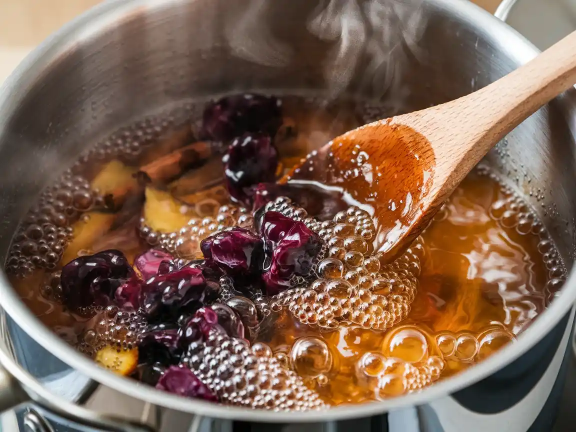 Zwetschgenmarmelade mit Zimt kocht sprudelnd im Topf.