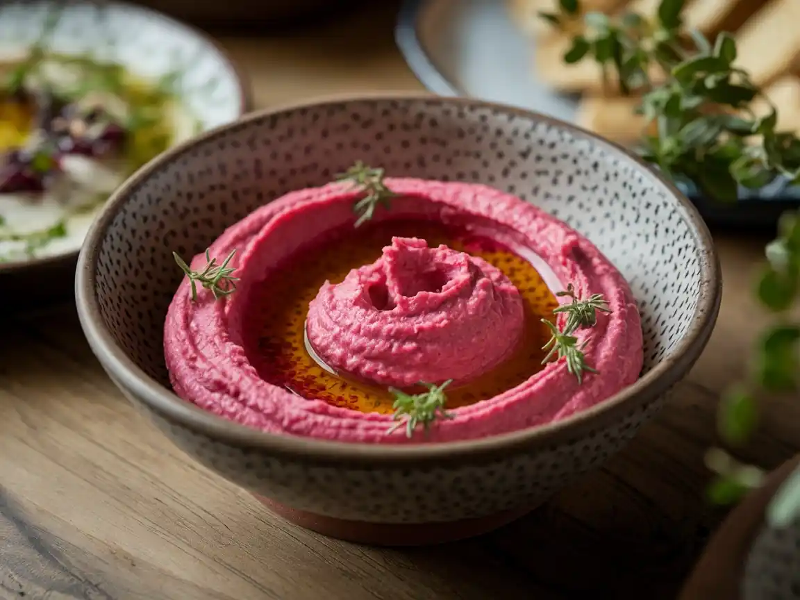 Fertig zubereitetes Rote Bete Hummus in einer Schüssel, garniert mit Olivenöl und Kräutern