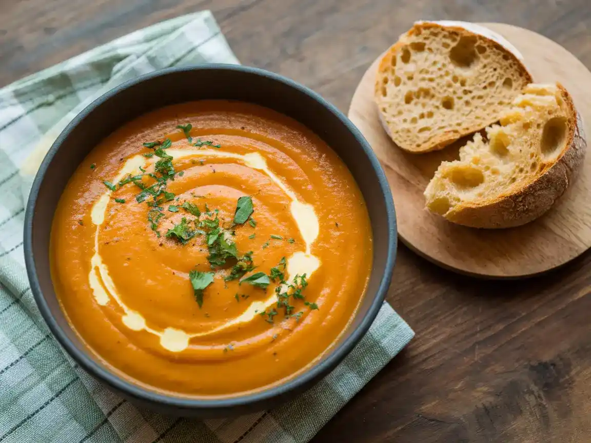 Fertig angerichtete Butternut Kürbis Suppe in einer Schüssel serviert, mit Kräutern garniert.