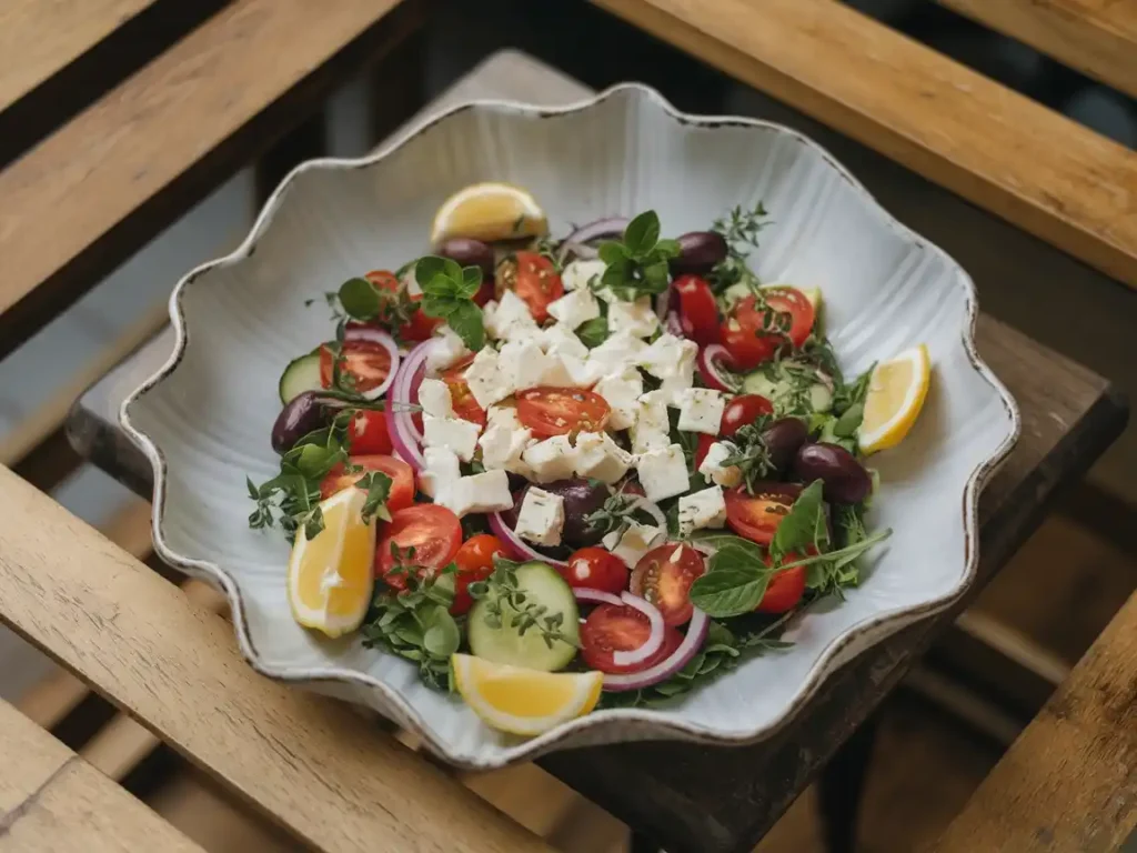 Griechischer Salat Feta auf einer Servierplatte, umgeben von frischen Zutaten.