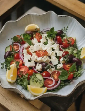 Griechischer Salat Feta auf einer Servierplatte, umgeben von frischen Zutaten.