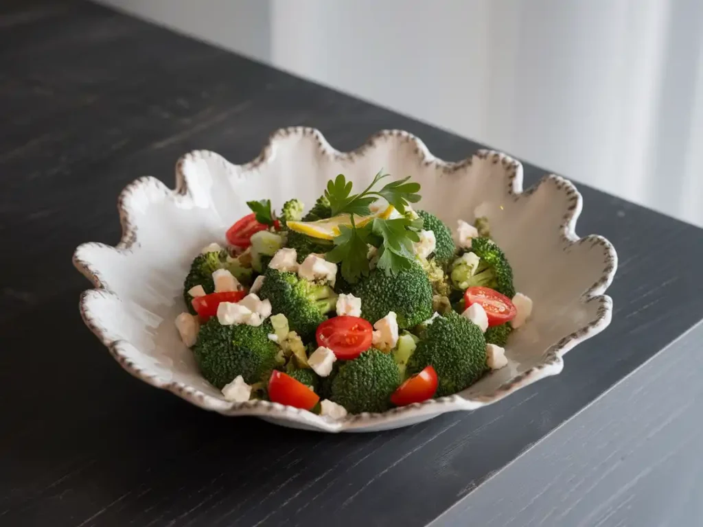 Stilvoll präsentierter Brokkoli Salat roh mit frischen Zutaten auf einem modernen Tisch 