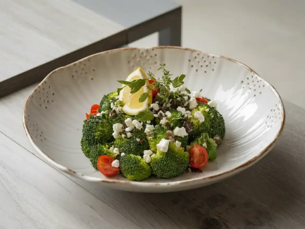 Brokkoli Salat roh auf einer Servierplatte, umgeben von frischen Zutaten.