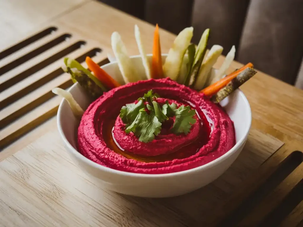 Stilvoll präsentierter Rote Bete Hummus auf einem modernen Tisch mit Olivenöl und Gemüsesticks