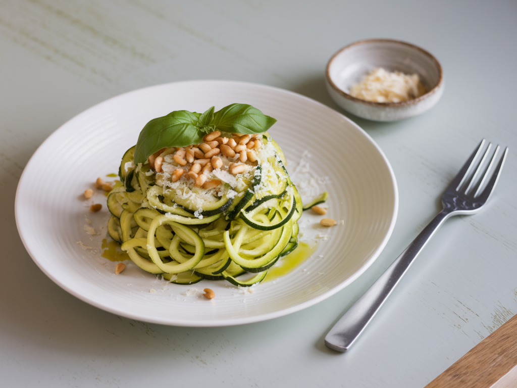 Das fertige Zucchini Pasta Rezept wird auf einem modernen Tisch serviert.