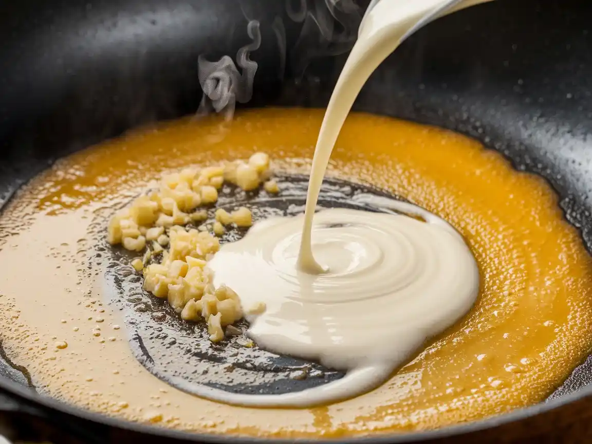 Sahne und Butter verschmelzen in der Pfanne für das Pasta Trüffel Rezept