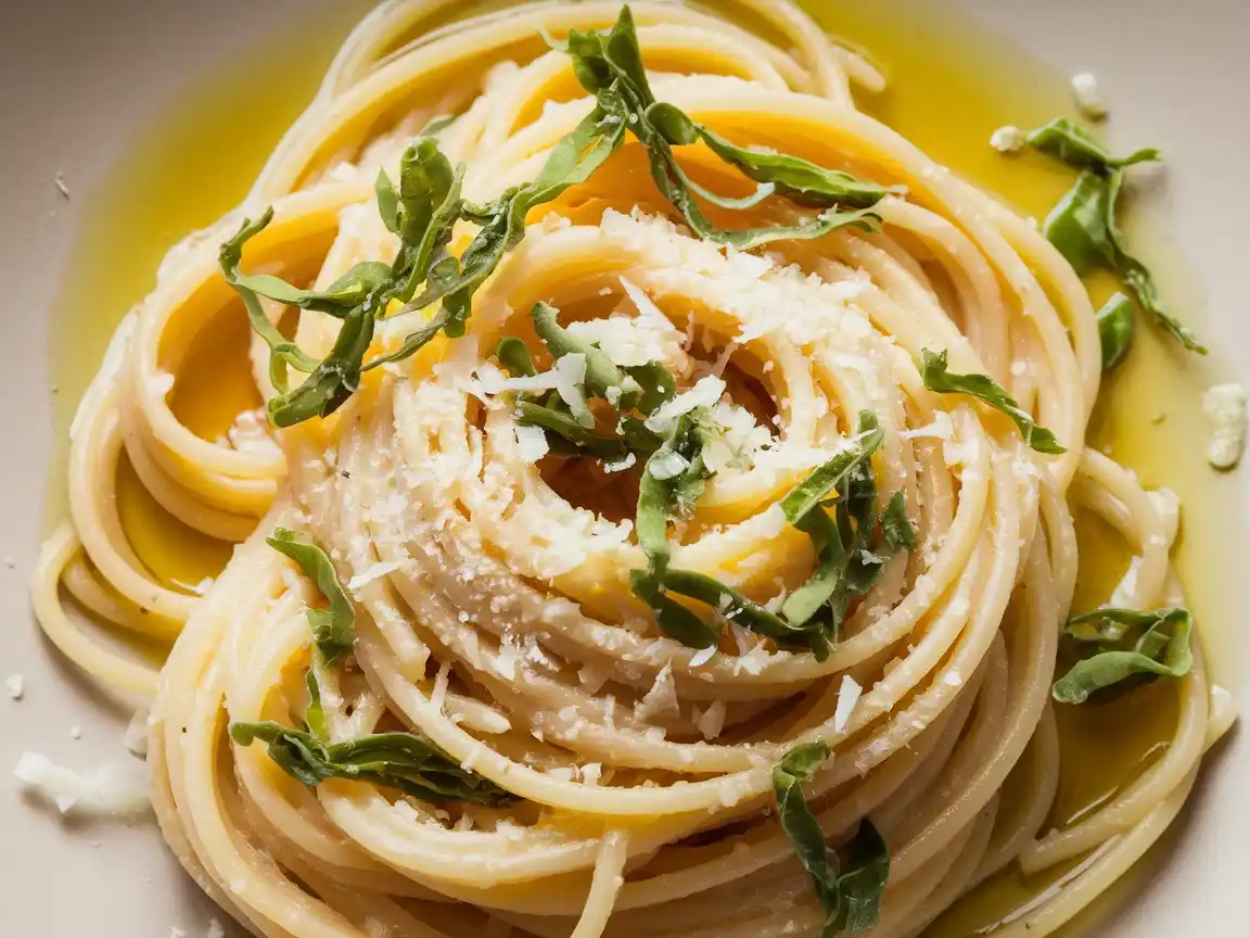 Aglio e Olio Pasta mit Petersilie und Parmesan garniert.