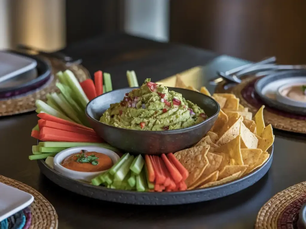 Einladende Präsentation von Guacamole und Snacks auf einem modernen Esstisch für das Guacamole einfaches Rezept