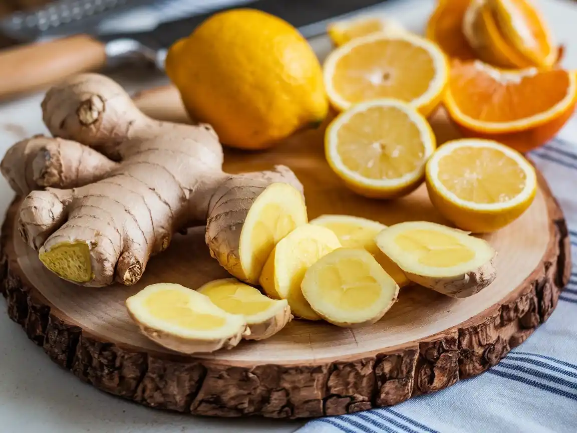 Frisch geschnittener Ingwer, geschälte Zitronen und Orangen für den Ingwer Shot Thermomix auf einem Holzbrett.