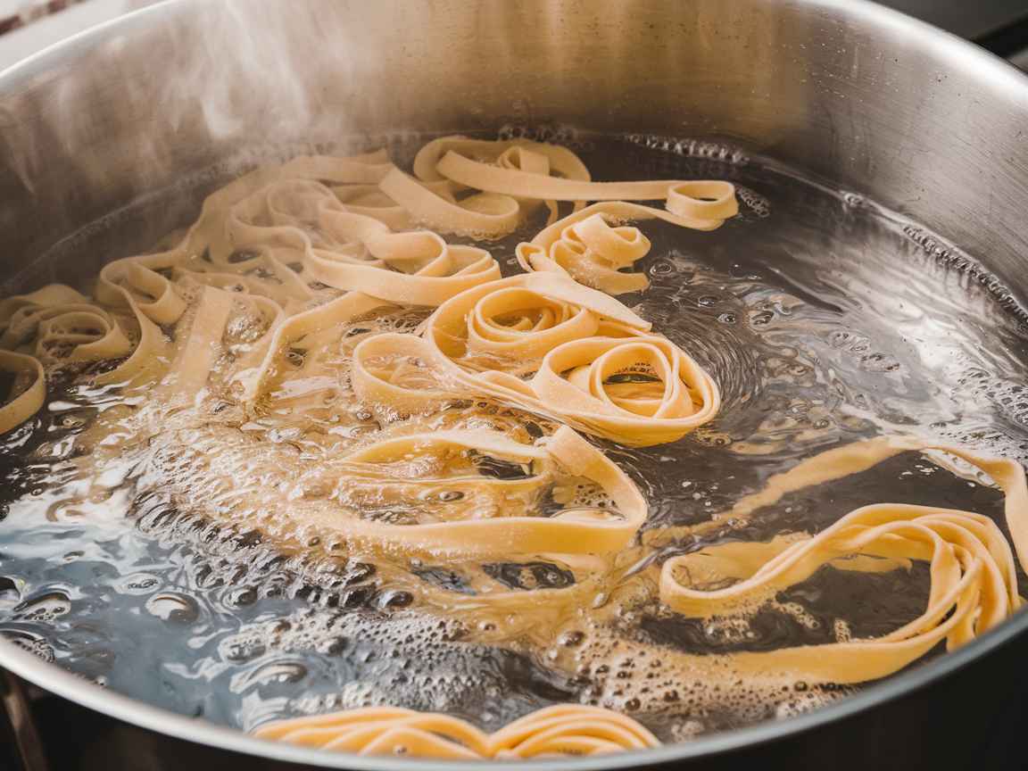 Frische Tagliatelle kocht im sprudelnden Wasser für das Pasta Trüffel Rezept.