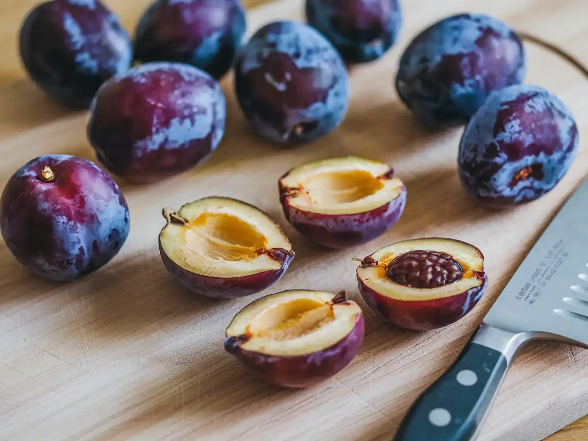 Reife, geschnittene Zwetschgen, die für die Marmelade vorbereitet werden.