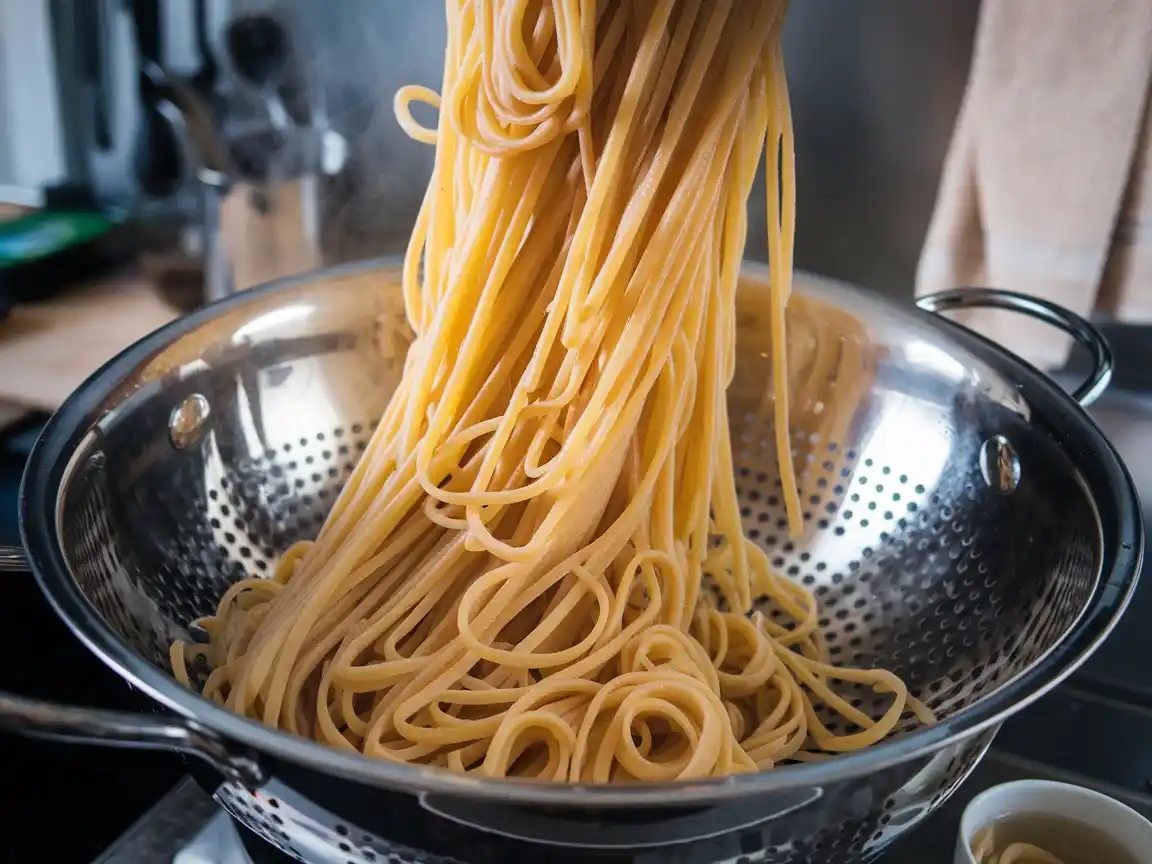 Pasta wird abgegossen für das Zitronen Pasta Rezept.