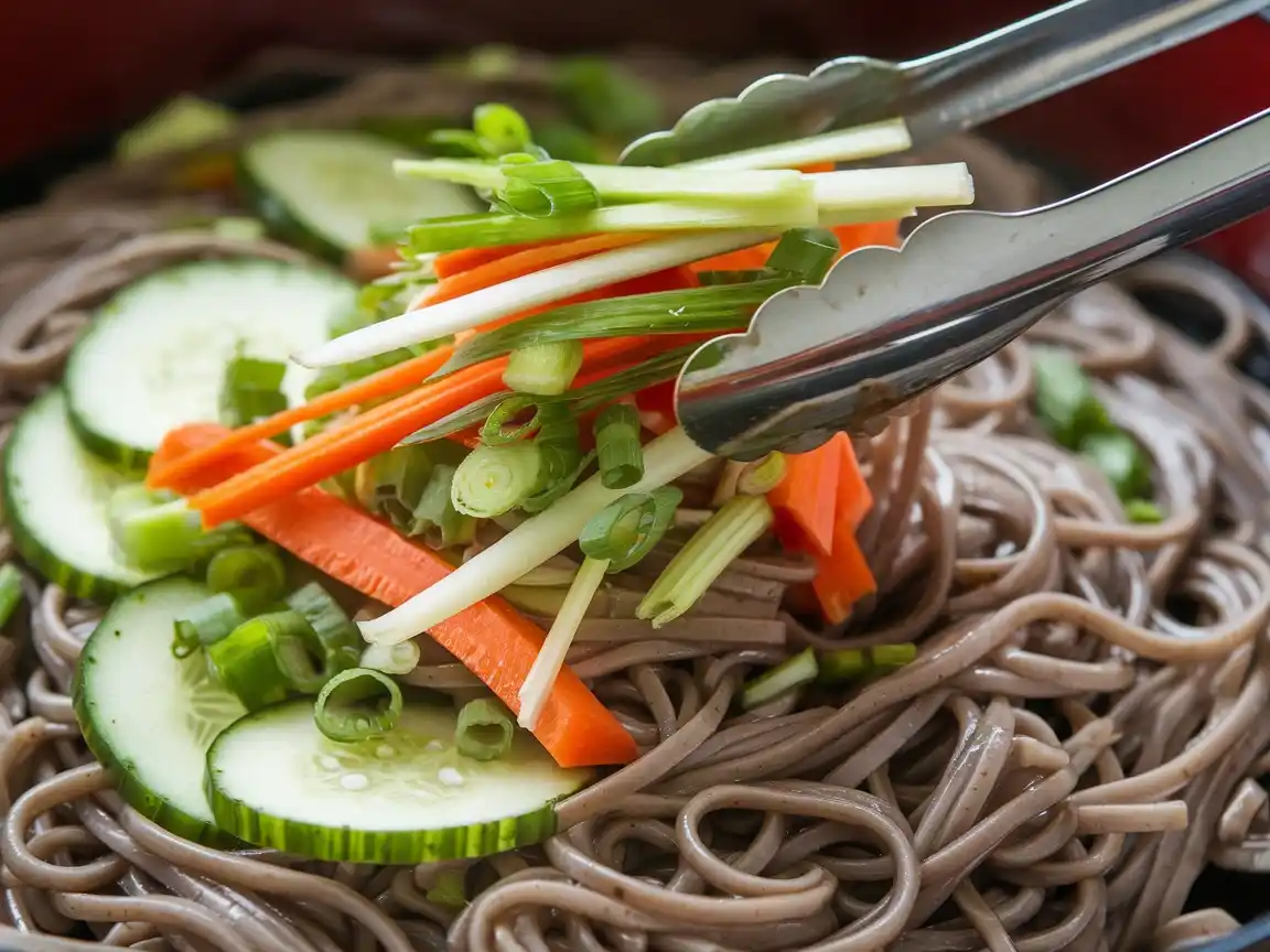 Frisches Gemüse wird zu den Soba-Nudeln im Soba Pasta Rezept hinzugefügt.