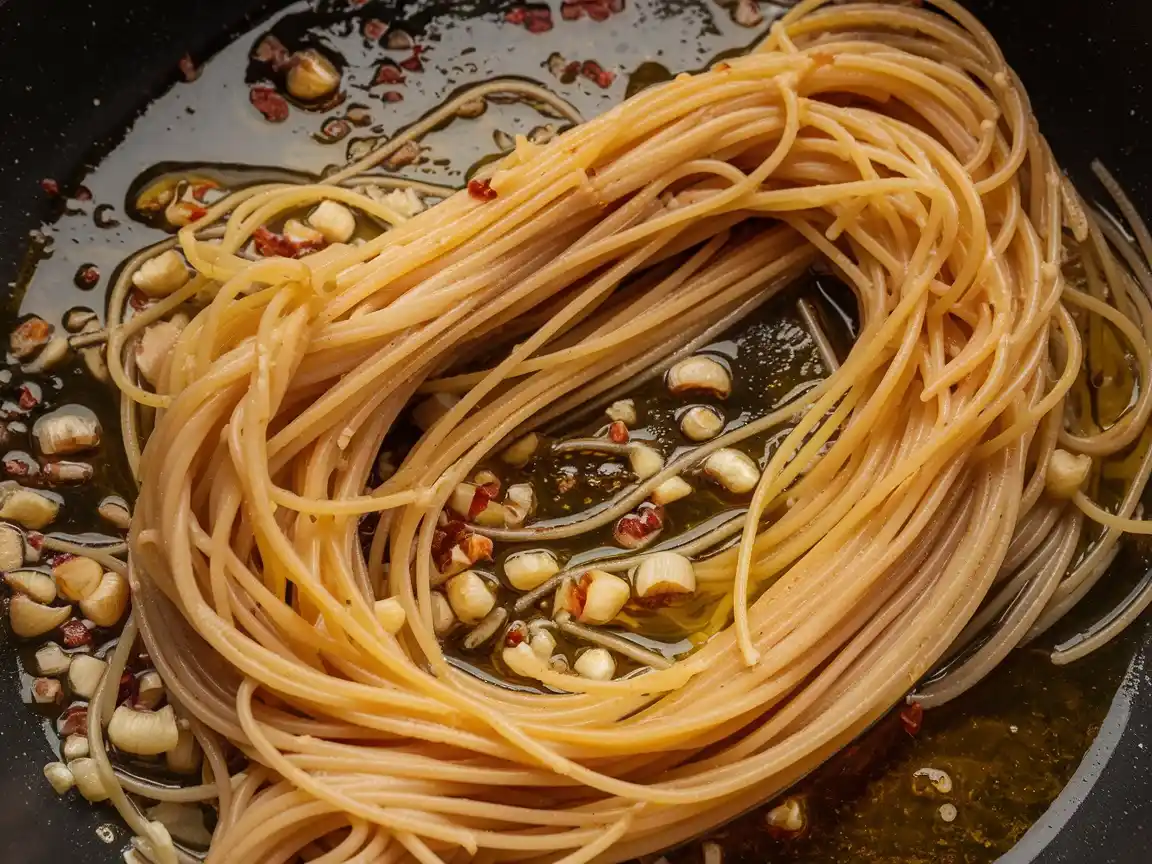 Spaghetti und Knoblauchöl vermischen für das [Aglio e Olio Pasta] Rezept