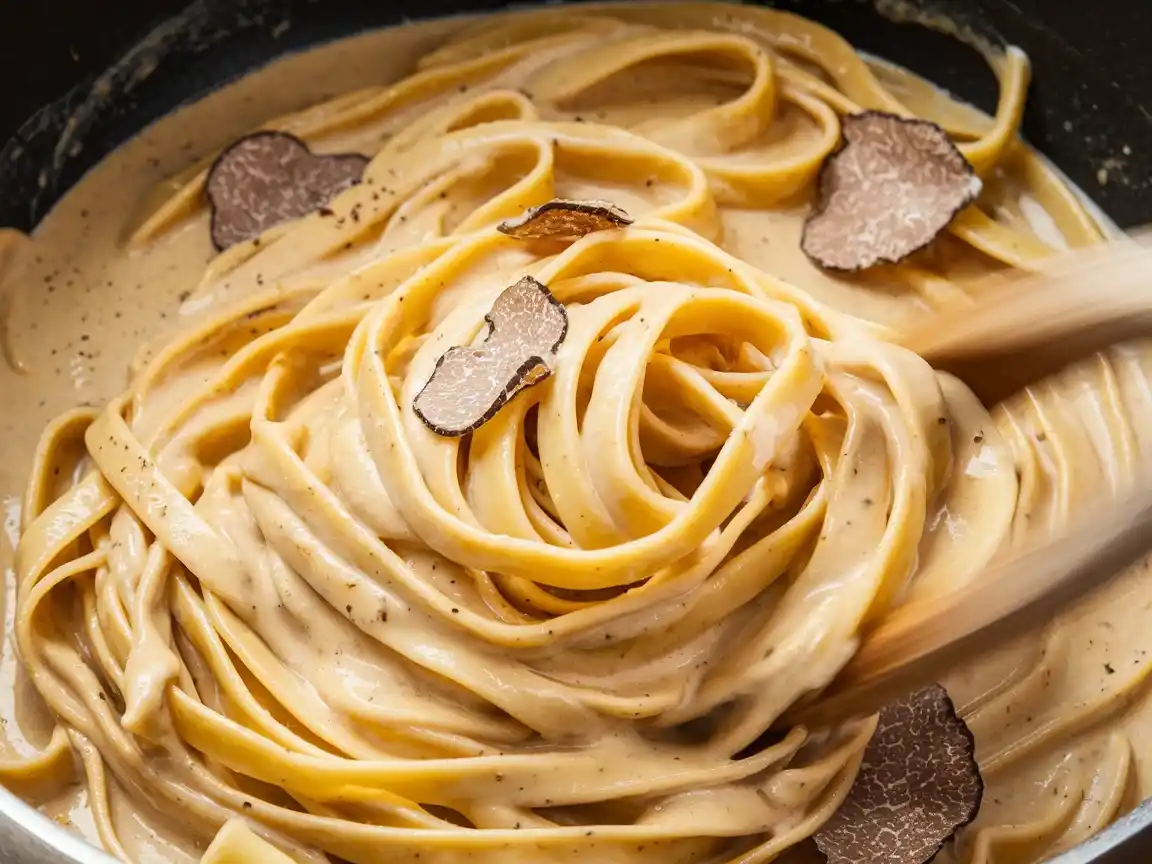 Die frische Tagliatelle wird in der cremigen Trüffelsauce für das [Pasta Trüffel Rezept] geschwenkt.