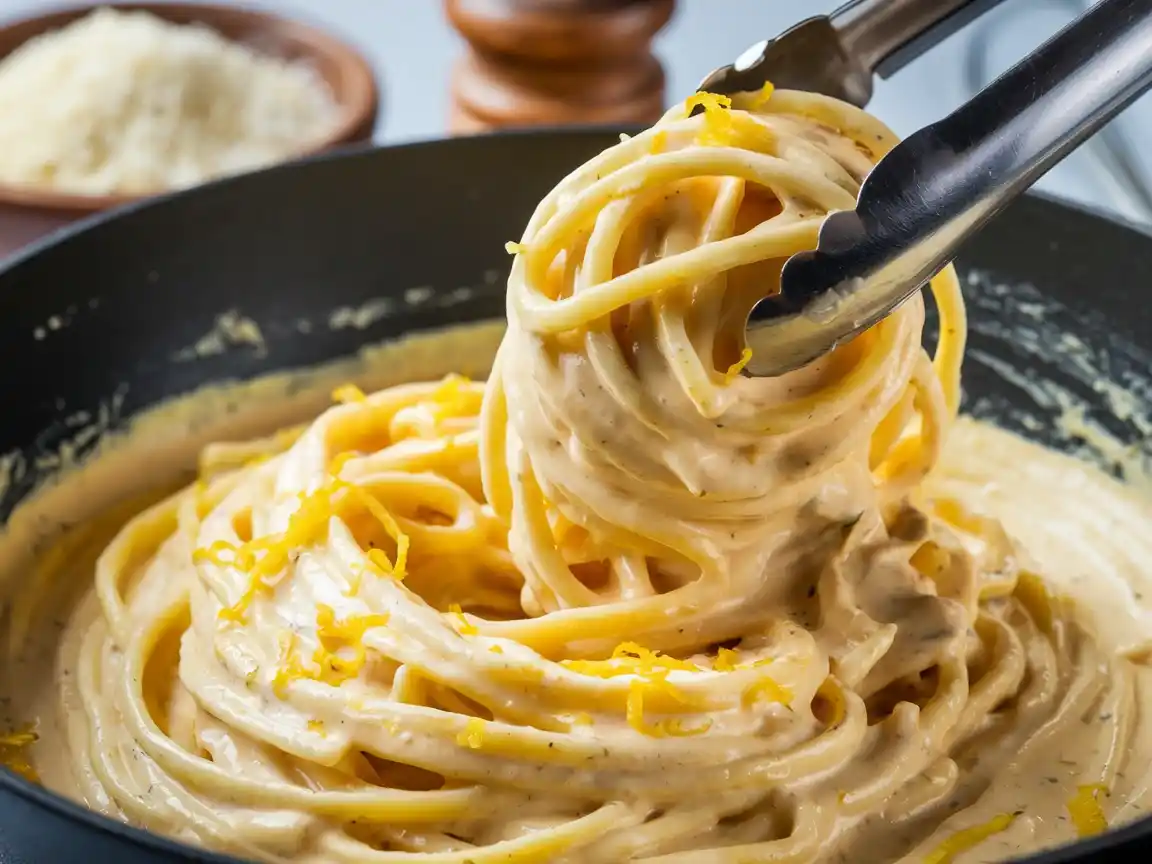 Pasta wird mit der Zitronensauce für das Zitronen Pasta Rezept vermischt.